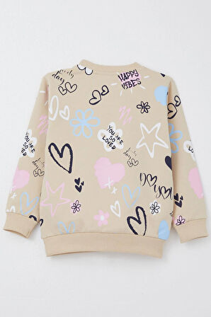 Breeze Kız Çocuk Sweatshirt Sevgi Temalı Desenli 3-8 Yaş, Bej