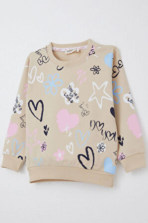 Breeze Kız Çocuk Sweatshirt Sevgi Temalı Desenli 3-8 Yaş, Bej