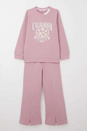 Breeze Kız Çocuk Eşofman Takım Çiçek Baskılı Geniş Paça Yırtmaçlı 5-10 Yaş, Gülkurusu