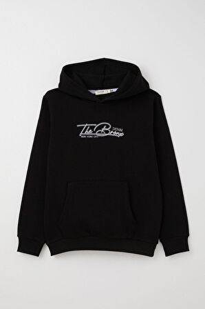 Breeze Erkek Çocuk Sweatshirt Yazı Nakışlı Kanguru Cepli 4-8 Yaş, Siyah