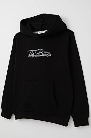 Breeze Erkek Çocuk Sweatshirt Yazı Nakışlı Kanguru Cepli 4-8 Yaş, Siyah
