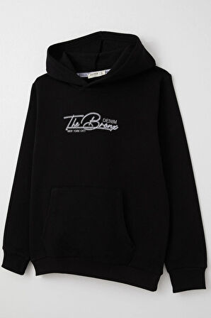 Breeze Erkek Çocuk Sweatshirt Yazı Nakışlı Kanguru Cepli 4-8 Yaş, Siyah