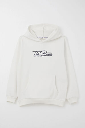 Breeze Erkek Çocuk Sweatshirt Yazı Nakışlı Kanguru Cepli 4-8 Yaş, Ekru