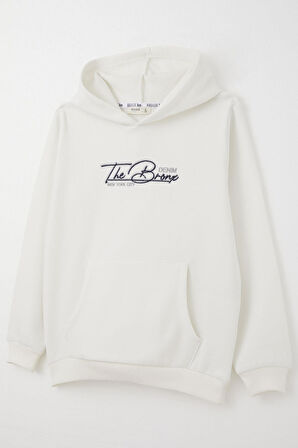 Breeze Erkek Çocuk Sweatshirt Yazı Nakışlı Kanguru Cepli 4-8 Yaş, Ekru