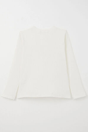 Breeze Kız Çocuk Uzun Kollu Tişört Tül Fiyonk Armalı Pullu 9-14 Yaş, Ekru