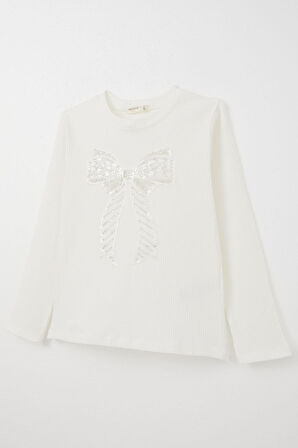 Breeze Kız Çocuk Uzun Kollu Tişört Tül Fiyonk Armalı Pullu 9-14 Yaş, Ekru