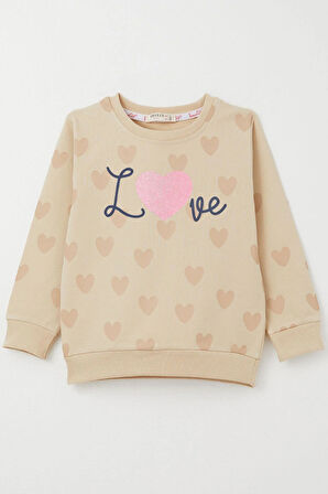 Breeze Kız Çocuk Sweatshirt Sevgi Temalı Kalp Desenli 3-8 Yaş, Bej
