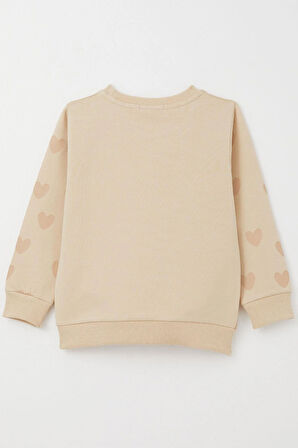 Breeze Kız Çocuk Sweatshirt Sevgi Temalı Kalp Desenli 3-8 Yaş, Bej