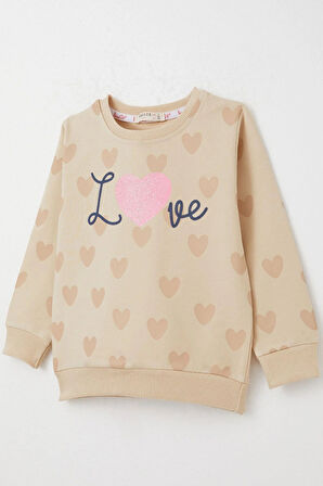 Breeze Kız Çocuk Sweatshirt Sevgi Temalı Kalp Desenli 3-8 Yaş, Bej