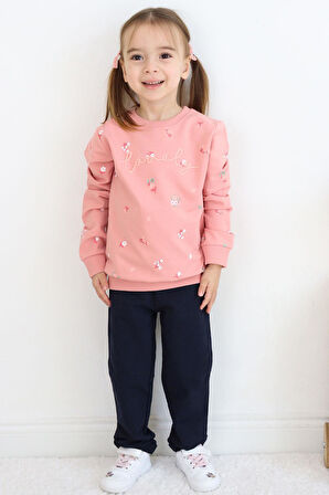 Breeze Kız Çocuk Eşofman Takım Çiçek Desenli Yazı Baskıklı 1-4 Yaş, Gülkurusu