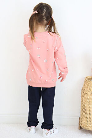 Breeze Kız Çocuk Eşofman Takım Çiçek Desenli Yazı Baskıklı 1-4 Yaş, Gülkurusu