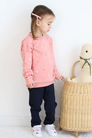 Breeze Kız Çocuk Eşofman Takım Çiçek Desenli Yazı Baskıklı 1-4 Yaş, Gülkurusu