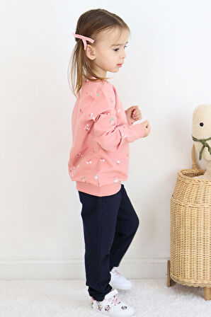 Breeze Kız Çocuk Eşofman Takım Çiçek Desenli Yazı Baskıklı 1-4 Yaş, Gülkurusu