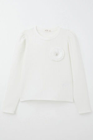 Breeze Kız Çocuk Uzun Kollu Tişört Taşlı Gül Armalı 9-14 Yaş, Ekru