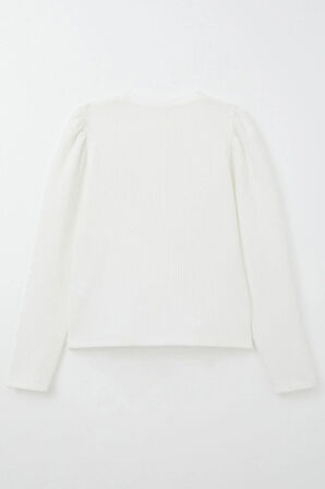 Breeze Kız Çocuk Uzun Kollu Tişört Taşlı Gül Armalı 9-14 Yaş, Ekru