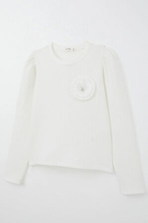 Breeze Kız Çocuk Uzun Kollu Tişört Taşlı Gül Armalı 9-14 Yaş, Ekru