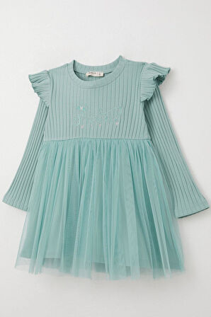 Breeze Kız Çocuk Uzun Kollu Elbise Yazı Nakışlı 1.5-5 Yaş, Mint Yeşili