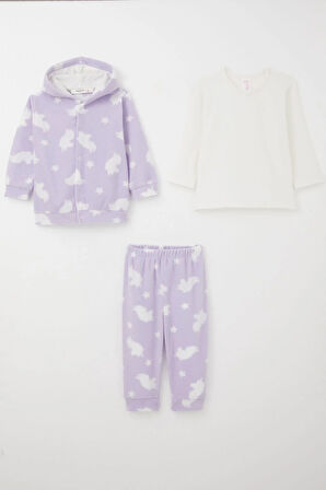 Breeze Kız Bebek Bodyli 3 Lü Polar Takım Yıldız Desenli 4 Ay-1 Yaş, Lila