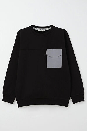 Breeze Erkek Çocuk Sweatshirt Kapaklı Cep Detaylı 6-12 Yaş, Siyah