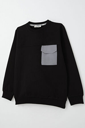 Breeze Erkek Çocuk Sweatshirt Kapaklı Cep Detaylı 6-12 Yaş, Siyah