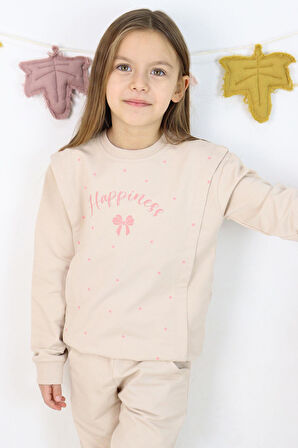 Breeze Kız Çocuk Eşofman Takım Mutluluk Temalı Puantiye Desenli 4-8 Yaş, Bej