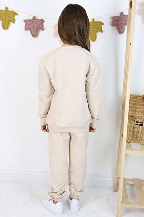 Breeze Kız Çocuk Eşofman Takım Mutluluk Temalı Puantiye Desenli 4-8 Yaş, Bej