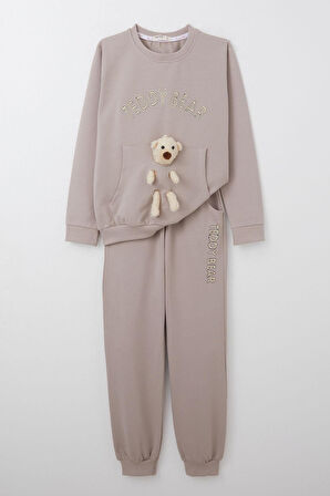 Breeze Kız Çocuk Eşofman Takım Ayıcık Aksesuarlı Yazı Nakışlı 5-9 Yaş, Vizon