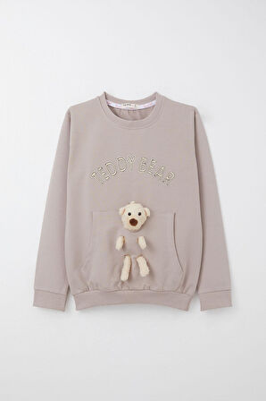 Breeze Kız Çocuk Eşofman Takım Ayıcık Aksesuarlı Yazı Nakışlı 5-9 Yaş, Vizon