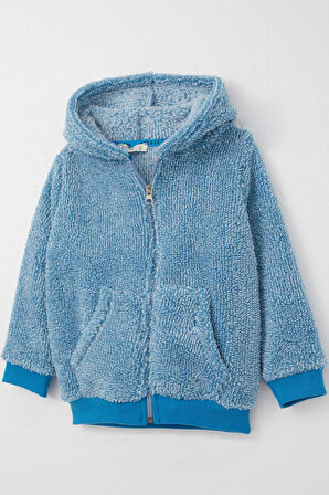 Breeze Erkek Bebek Peluş Hırka Kapüşonlu Fermuarlı 9 Ay-3 Yaş, Mavi