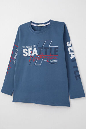 Breeze Erkek Çocuk Uzun Kollu Tişört Renkli Yazı Baskılı 6-12 Yaş, İndigo