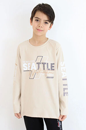 Breeze Erkek Çocuk Uzun Kollu Tişört Renkli Yazı Baskılı 6-12 Yaş, Bej