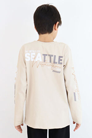 Breeze Erkek Çocuk Uzun Kollu Tişört Renkli Yazı Baskılı 6-12 Yaş, Bej