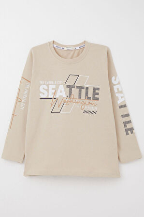 Breeze Erkek Çocuk Uzun Kollu Tişört Renkli Yazı Baskılı 6-12 Yaş, Bej