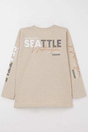 Breeze Erkek Çocuk Uzun Kollu Tişört Renkli Yazı Baskılı 6-12 Yaş, Bej