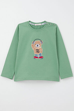 Breeze Erkek Bebek Uzun Kollu Tişört Hip Hop Ayıcık Nakışlı 9 Ay-3 Yaş, Mint Yeşili