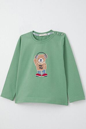 Breeze Erkek Bebek Uzun Kollu Tişört Hip Hop Ayıcık Nakışlı 9 Ay-3 Yaş, Mint Yeşili