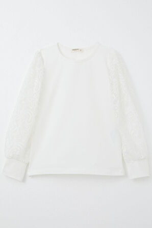 Breeze Kız Çocuk Uzun Kollu Tişört Kolları Dantel Detaylı 8-12 Yaş, Ekru