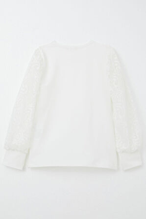 Breeze Kız Çocuk Uzun Kollu Tişört Kolları Dantel Detaylı 8-12 Yaş, Ekru