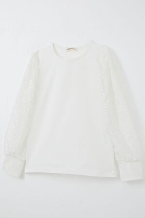 Breeze Kız Çocuk Uzun Kollu Tişört Kolları Dantel Detaylı 8-12 Yaş, Ekru