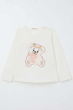 Breeze Kız Çocuk Taytlı Takım Sevimli Ayıcık Nakışlı Pullu 1.5-5 Yaş, Ekru