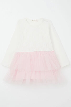 Breeze Kız Bebek Uzun Kollu Elbise Tül Çiçekli 9 Ay-3 Yaş, Ekru