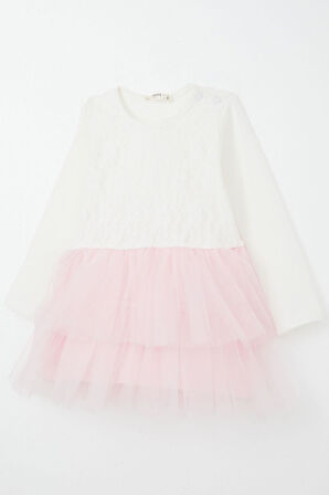 Breeze Kız Bebek Uzun Kollu Elbise Tül Çiçekli 9 Ay-3 Yaş, Ekru