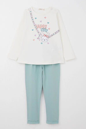 Breeze Kız Bebek Taytlı Takım Mutlu Tavşancık Baskılı Kalpli 9 Ay-3 Yaş, Ekru