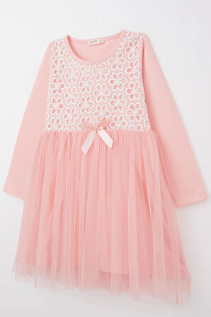 Breeze Kız Çocuk Uzun Elbise Çiçek Güpür Nakışlı 4-8 Yaş, Pembe