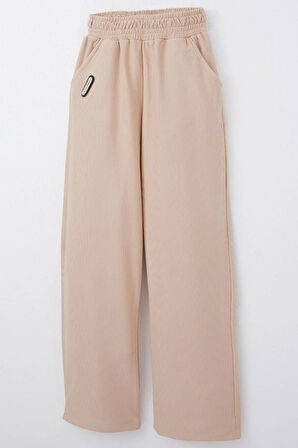 Breeze Kız Çocuk Eşofman Altı Beli Lastikli Cepli Armalı 6-12 Yaş, Bej