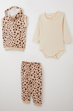 Breeze Kız Bebek Zıbınlı 3 Lü Takım Çiçek Desenli Yelekli 4 Ay-1 Yaş, Bej