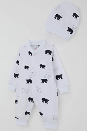 Breeze Erkek Bebek Tulum Sevimli Kutup Ayıcığı Desenli 0-6 Ay, Beyaz