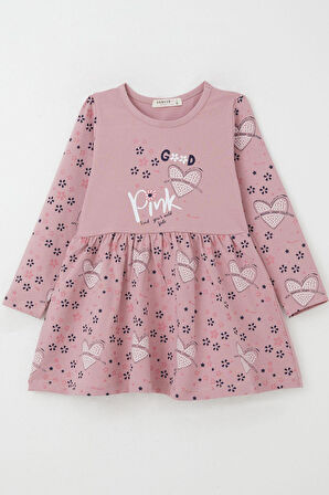 Breeze Kız Çocuk Uzun Kollu Elbise Moda Temalı Çiçek Desenli 3-7 Yaş, Gülkurusu