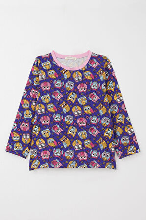 Breeze Kız Çocuk Pijama Takımı Renkli Sevimli Baykuş Desenli 4-8 Yaş, Mor