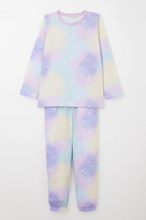 Breeze Kız Çocuk Pijama Takımı Gökyüzü Temalı Yıldız Desenli 4-8 Yaş, Lila